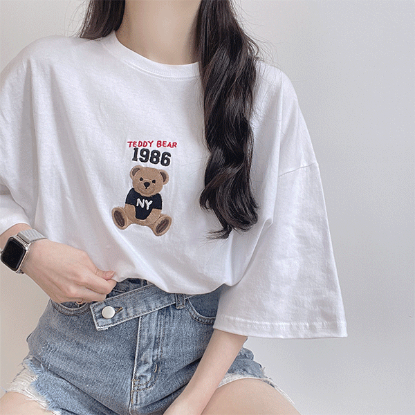 [유니섹스] 귀여운 포인트, 곰돌이 오버핏 라운드 반팔 티셔츠