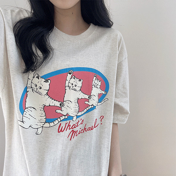 [네이비 당일발송] 시선집중, 고양이 세마리 프린팅 오버핏 반팔 티셔츠