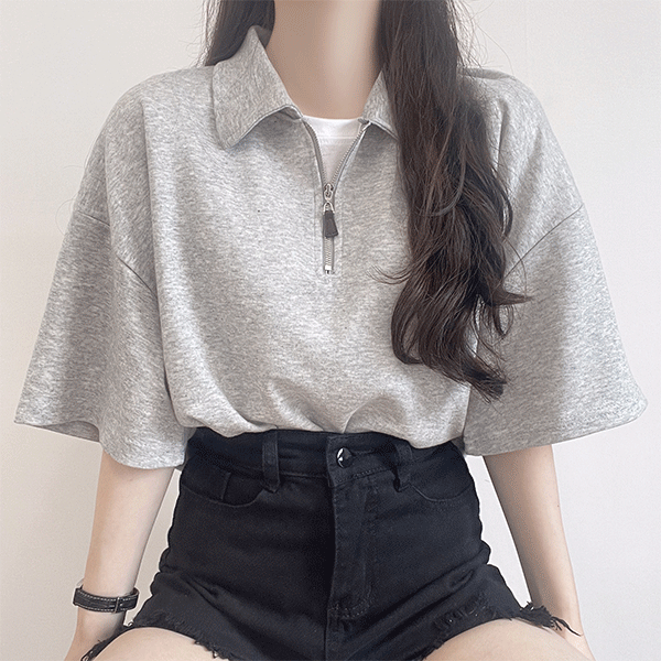 [통통/빅사이즈] 베이, 루즈핏 무지 카라 아노락 반소매 티셔츠